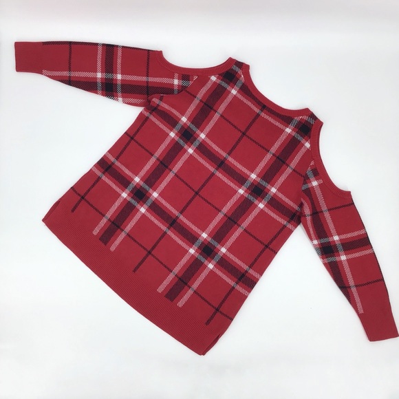 Love & Legend Red Tartan Cold Shoulder Sweater, 0X - Picture 9 of 16